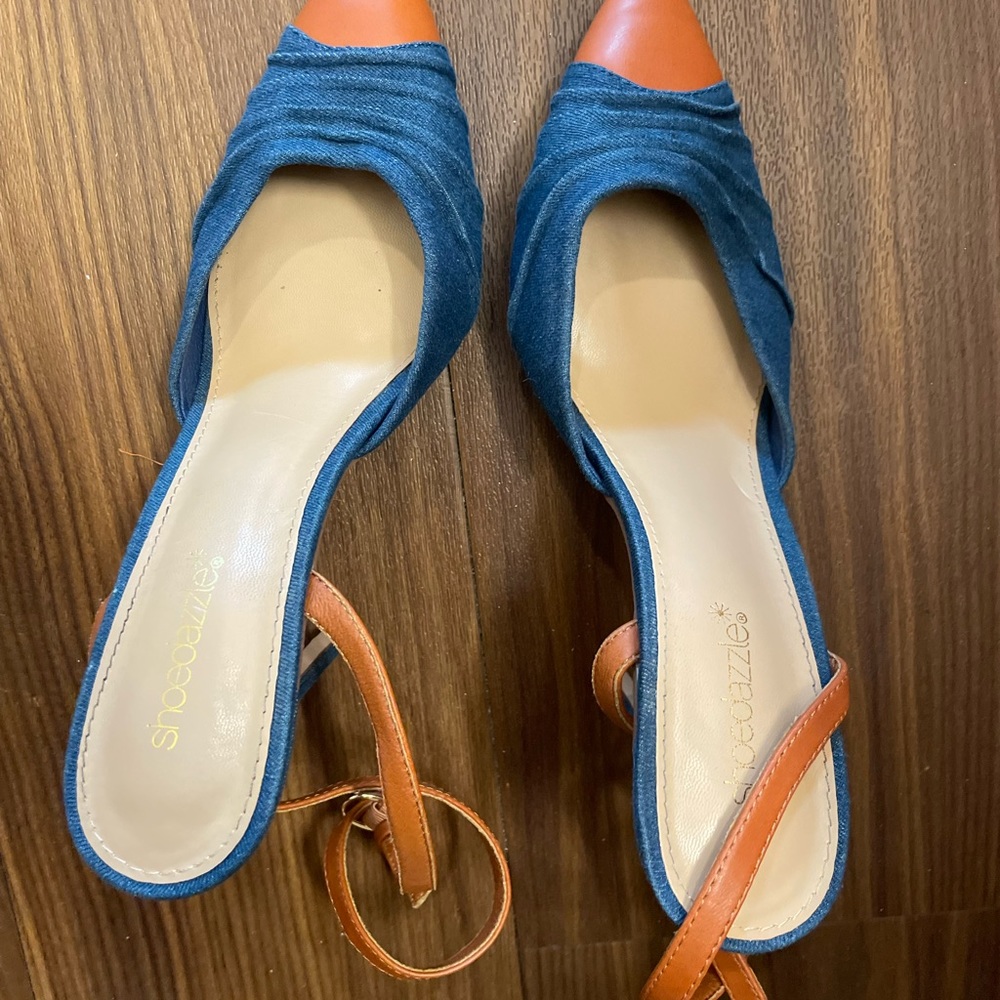 Denim and camel color heel 3.5 inch